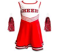 Ladies Adults Red Cheerleader Fancy Dress Costume and Pom Poms High School Outfit (Medium UK 8-10)