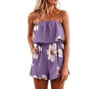 Ladies All In One Summer Boho Jumpsuits Elegant Dressy Puff Sleeve Plus Size Romper Off Shoulder Smocked Layered Flowy A Line Mini Beach Swing Dress burgundy gold pink orange Floral Sundress xxl xxxl