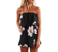 Ladies All In One Summer Boho Jumpsuits Elegant Dressy Puff Sleeve Plus Size Romper Off Shoulder Smocked Layered Flowy A Line Mini Beach Swing Dress burgundy gold pink orange Floral Sundress xxl xxxl