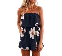 Ladies All In One Summer Boho Jumpsuits Elegant Dressy Puff Sleeve Plus Size Romper Off Shoulder Smocked Layered Flowy A Line Mini Beach Swing Dress burgundy gold pink orange Floral Sundress xxl xxxl