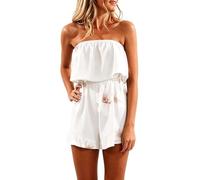 Ladies All In One Summer Boho Jumpsuits Elegant Dressy Puff Sleeve Plus Size Romper Off Shoulder Smocked Layered Flowy A Line Mini Beach Swing Dress burgundy gold pink orange Floral Sundress xxl xxxl