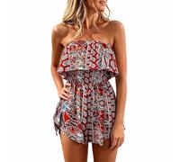 Ladies All In One Summer Boho Jumpsuits Elegant Dressy Puff Sleeve Plus Size Romper Off Shoulder Smocked Layered Flowy A Line Mini Beach Swing Dress burgundy gold pink orange Floral Sundress xxl xxxl
