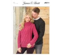Ladies and Man's Sweater JB211 Knitting Patterns from James C Brett. Knit with Aran wool. Ladies Sizes 81-107cm 32-42 inch. Man's sizes 97-122cm 38-48 inch.