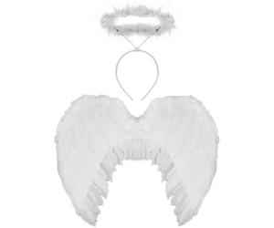 Ladies Angel Accessory Set - Large White Feathered Wings + Fluffy White Halo On Headband - Adults Christmas Xmas Party Fancy Dress Accessories (One Size)