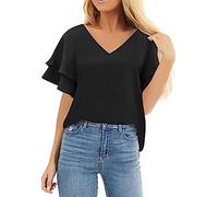 Ladies Angel Sleeve Tops White Tunic Blouse Teacher Gifts for Women Running Hiking Women's Blouses V Neck Short Sleeve Curved Hem Solid Flounce Blouse Casual Shirts Tops Promotion Clearance