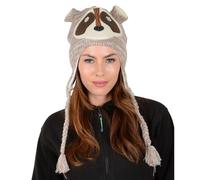 Ladies Animal Knitted Peru Hat with Fleece Lining Braids Tassels Racoon Face