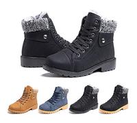Ladies Ankle Boots Womens Fur Lined Snow Shoes Winter Combat Boot Warm Lace Up Outdoor Plat PU Leather Booties Comfy Fashion 3.5-9 UK Black+Black 37 (4 UK)