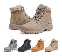 Ladies Ankle Boots Womens Fur Lined Snow Shoes Winter Combat Boot Warm Lace Up Outdoor Plat PU Leather Booties Comfy Fashion 3.5-9 UK Khaki C 38 (5 UK)