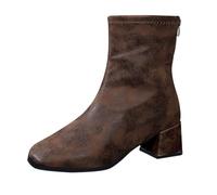 ladies ankle wellies Ankle Boots Women Women's Spring Autumn And Winter Thick Heel Zipper Large Size Square Head Versatile Elastic Slim Fashion High Heel irregular choice shoes Brown 4.5