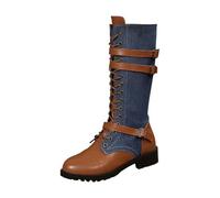ladies ankle wellies Boots for Women Uk Women's Mid Calf Boots Spring And Autumn Round Toe PU Splicing Denim Tie Rope Side Zipper Motorcycle Retro Casual irregular choice shoes Blue 5.5