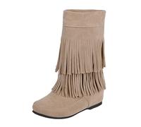 ladies ankle wellies Knee High Boots Women's Size foreign Trade Border Autumn And Winter Tassel Boots Short Flat Heel Round Head Ladies Heel Women's Wide irregular choice shoes White 4.5