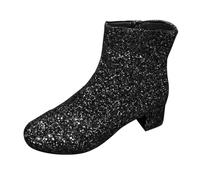 ladies ankle wellies Ladies Boots Chunky Heel Mid Heel Short Boots Women's Border Large Size Glitter Sequins Round Head Chunky Wide Fit Wedge Shoes Warm irregular choice shoes Black 7.5