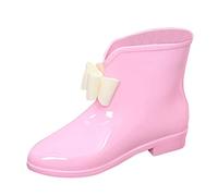 Ladies Ankle Wellies Waterproof Short Rain Boots with Bow, Stylish Glossy Rubber Slip on Wellingtons for Women, Low Heel Non Slip Walking Shoes, Cream Beige, For Rainy Street Wear