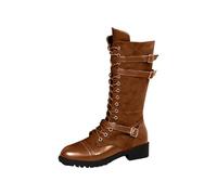 ladies ankle wellies Womens Ankle Boots Women's Mid Calf Boots Spring And Autumn Round Toe PU Splicing Denim Tie Rope Side Zipper Motorcycle Retro Casual irregular choice shoes Brown 4.5