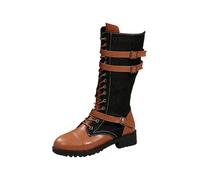 ladies ankle wellies Womens Boots Women's Mid Calf Boots Spring And Autumn Round Toe PU Splicing Denim Tie Rope Side Zipper Motorcycle Retro Casual Mid irregular choice shoes Black 7.5