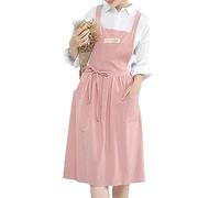 Ladies apron, Japanese cooking apron for women, cotton and linen, with crossed straps, bib, solid color, cotton, vintage, kitchen apron with 2 pockets for gardening, floristry, pink, 110 x 150 cm