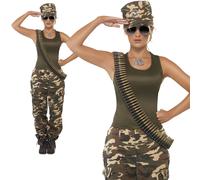 Ladies Army Girl Costume Camo Khaki Soldier Uniform Fancy Dress Womens