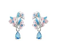 Ladies Asymmetric Orchid Earrings Silver Flower Blue Crystal Modern Style