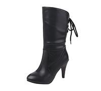 Ladies Autumn and Winter Fashion Handsome Retro Solid Color Back Lace Stiletto Round Toe Heel Pointed Toe Comfortable Not Grinding Feet in The Boots