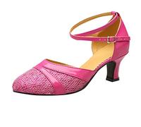 Ladies Ballroom Latin Dance Shoes - Sparkly Sequins Social Dancing Pumps with Double Ankle Straps, Comfortable Mid Heel Salsa Tango Footwear Hot Pink