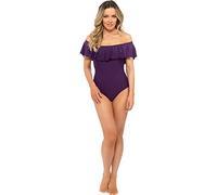 Ladies Bardot Off The Shoulder Solid Ruffle Womens One Piece Swimsuit (Purple, 14)