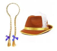 Ladies Bavarian Accessory Set - Brown Bavarian Hat and Blonde Plait Wig with Blue Ribbons - Adults Bavarian Oktoberfest Fancy Dress Costume Accessory Set
