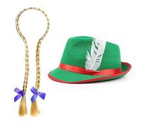 Ladies Bavarian Accessory Set - Green Bavarian Hat and Blonde Plait Wig with Blue Ribbons - Adults Bavarian Oktoberfest Fancy Dress Costume Accessory Set