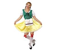 Ladies Bavarian Beer Girl - Oktoberfest Fancy Dress and Stockings With Red Bow Costume - Yellow/Green - Womens Beer German Maid Wench