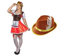 Ladies Bavarian Costume - Medium - Brown and Red Bavarian Dress and Brown Tyrolean Hat - Adults German Oktoberfest Fancy Dress Costume