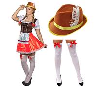 Ladies Bavarian Costume - Small - Brown and Red Bavarian Dress, White Stockings and Brown Tyrolean Hat - Adults German Oktoberfest Fancy Dress Costume