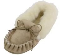 Ladies Beige/Camel Suede Moccasin Slippers with Wool Lining, Wool Cuff and Rubber Sole. Made in UK. Size 5