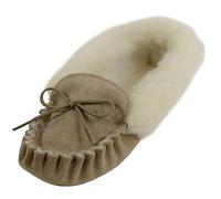 Ladies Beige/Camel Suede Moccasin Slippers with Wool Lining, Wool Cuff and Suede Sole. Made in UK. Size 8