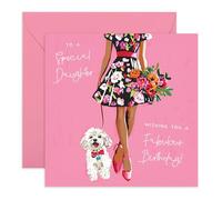 Ladies Birthday Card - Daughter Dog - Presents for Her, Women, Girl, Family from Mum and Dad - Cute Summer Dress and Flowers - Comes with Fun Stickers