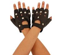 Ladies Black Faux Leather Studded Fingerless Biker Fancy Dress Costume Gloves