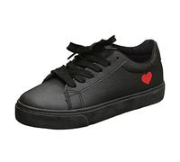 Ladies Black Heart Decorated Board Shoes Basic Model Simple Casual Lightweight Leather Upper Large Size Trainers Ladies Black Shoes Slip On Canvas Black Trainers (Black, 4.5)