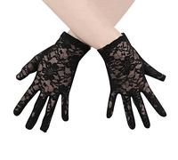 Ladies Black Lace Short Wedding Gloves - Elegant Bridal Floral Tulle Wrist Cuffs, Full Finger Thin Driving Gloves for Women - Halloween Themed Party