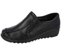 Ladies Black PU Faux Leather Slip On Loafers Mary Jane Low Wedge Heel Office Work School Shoes Size 3-8 (Black/Zip, 6)