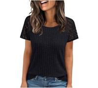 Ladies Black Tops Clearance, Lace Patchwork Short Sleeve Round Neck Solid Knitted Elegant Shirt Summer Holiday Vacation Blouses Casual Loose Comforty Daily Tees Trendy T Shirts Women Clothing S-XXL