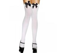 Ladies Black White Blue Red Pink Blue Gingham Bow Top Pirate Sailor Dorothy Halloween Fancy Dress Stockings Socks Hold Ups (White with Black Bow)