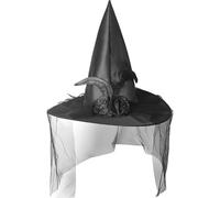 Ladies Black Witch Hat with Veil and Feathers, Witch Hat, Adults Pointy Witches Hats, Halloween Day of the Dead Corpse Bride, Halloween Accessories, for Women and Girls Haloween Costumes