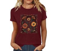Ladies Blouse Summer Tops for Women UK Wildflower Graphic Short Sleeve Blouses Crew Neck Tunic Tee Loose Fit Soft Comfy Shirt Casual Basic Tshirts (Red #1, XXXL)