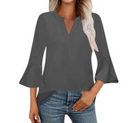 Ladies Blouses 3/4 Bell Sleeve Tunic Tops Casual Dressy V Neck Double Layered Chiffon Work Blouse Solid Color Fashion Elegant Plus Size Tea Shirts Loose Lightweight Breathe Summer Tshirt