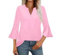 Ladies Blouses 3/4 Bell Sleeve Tunic Tops Casual Dressy V Neck Double Layered Chiffon Work Blouse Solid Color Fashion Elegant Plus Size Tea Shirts Loose Lightweight Breathe Summer Tshirt