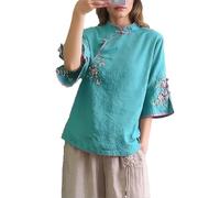 Ladies Blouses Chinese Floral Embroidery Shirt Short Sleeve Frog Button Mandarin Collar Cotton Linen Casual Frog Button Chinese Traditional Martial Arts Kung Fu Tai Chi Tang Suit Shirt Blue