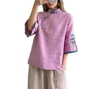 Ladies Blouses Chinese Floral Embroidery Shirt Short Sleeve Frog Button Mandarin Collar Cotton Linen Casual Frog Button Chinese Traditional Martial Arts Kung Fu Tai Chi Tang Suit Shirt Purple