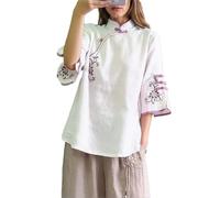 Ladies Blouses Chinese Floral Embroidery Shirt Short Sleeve Frog Button Mandarin Collar Cotton Linen Casual Frog Button Chinese Traditional Martial Arts Kung Fu Tai Chi Tang Suit Shirt White