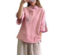 Ladies Blouses Chinese Floral Embroidery Shirt Short Sleeve Frog Button Mandarin Collar Cotton Linen Casual Frog Button Chinese Traditional Martial Arts Kung Fu Tai Chi Tang Suit Shirt Pink