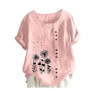 Ladies Blouses Dandelion Print Cotton Linen Short Sleeve Shirts Elegant Summer Tops Crewneck Cotton Linen Tops Oversized Tees Dressy Blouses Office Work Party Holiday Blouse Loose T-Shirt Tunic