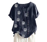Ladies Blouses Dandelion Print Linen Short Sleeve Button Down Shirts Elegant Summer Tops Crewneck Cotton Linen Top Oversized Tees Dressy Blouses Office Work Party Evening Wedding Blouse