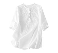 Ladies Blouses Embroidered Linen Tops for Women Half Sleeve Button Boho Tops Loose Fit Summer Tunic Blouse Plain Colour Ethnic Bohemian Tunics Fashion Leisure Wear Plus Size